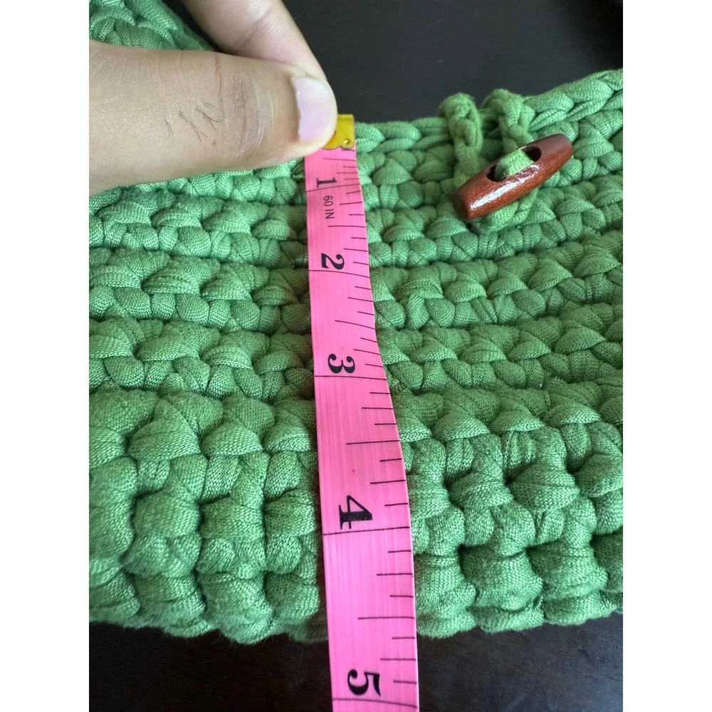 Crochet Shoulder Bag Women's Green Knitted Purse Wooden Button Closure Hobo